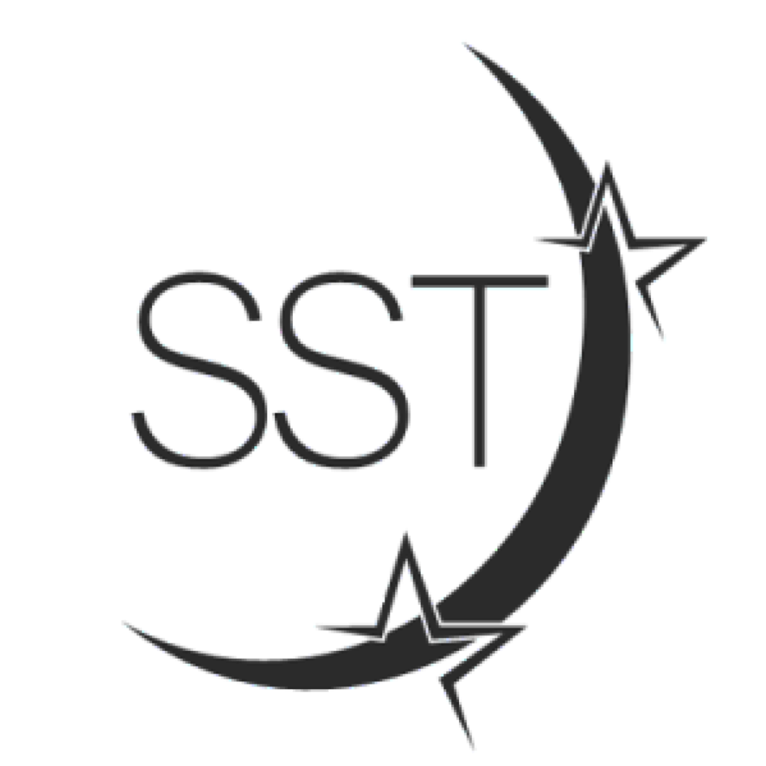 Second Star Technologies logo.  The letters SST partially encompassed by by the orbit of two stars.