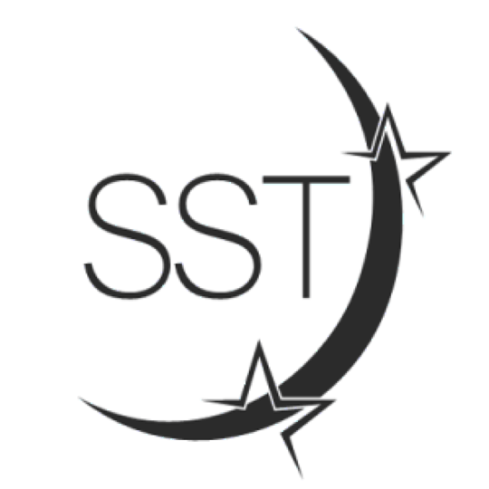 Second Star Technologies logo.  The letters SST partially encompassed by by the orbit of two stars.