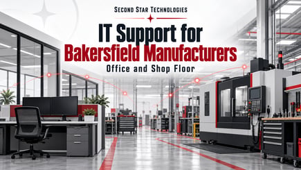 Office workstation and manufacturing shop floor with Second Star Technologies IT support branding.