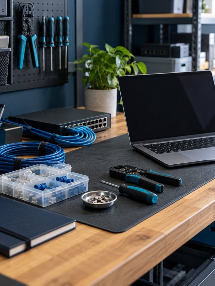 Laptop, network switch and organized tools on an IT workbench Laptop, network switch and organized tools on an IT workbench