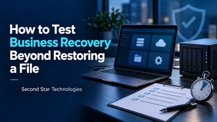 Business recovery test checklist beside a laptop, backup storage and stopwatch