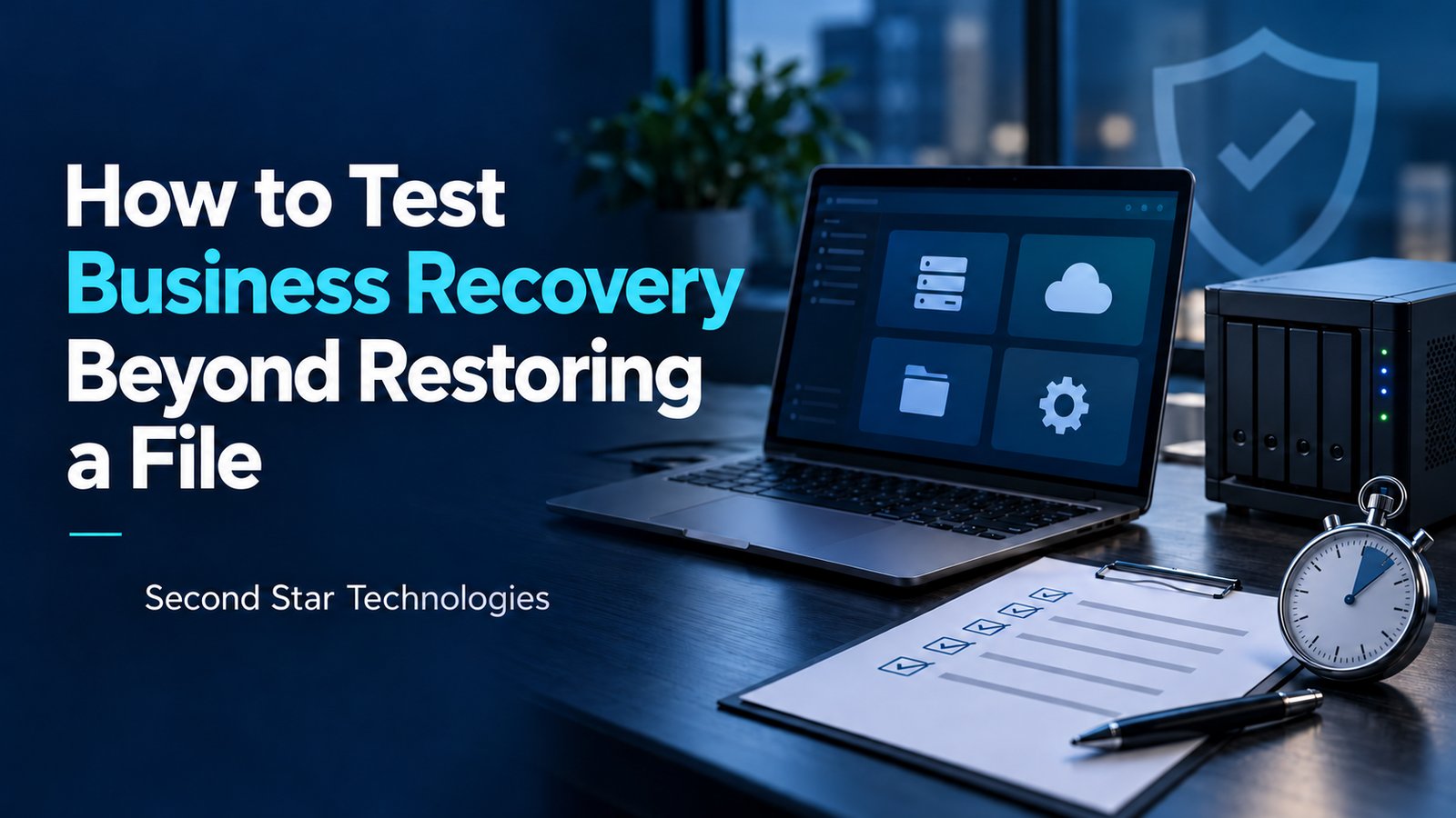 Business recovery test checklist beside a laptop, backup storage and stopwatch
