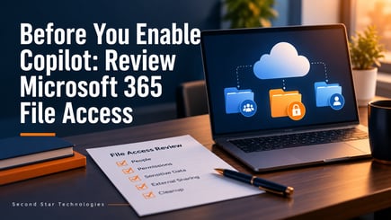 Business laptop with cloud folders, permission symbols and a file-access review checklist.