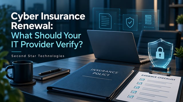 Cyber insurance renewal checklist beside an insurance policy and business laptop