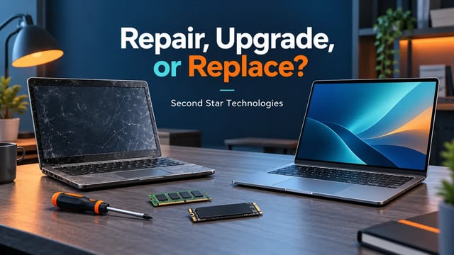 A damaged business laptop beside a newer laptop, memory, storage, and repair tools.