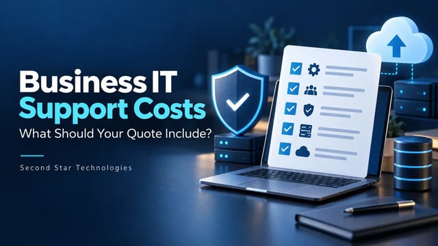 Business IT support quote checklist with a laptop, security shield, and cloud backup symbols.