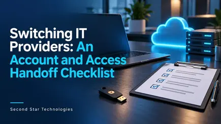 Business account handoff checklist beside a laptop and security key, with cloud and server symbols.