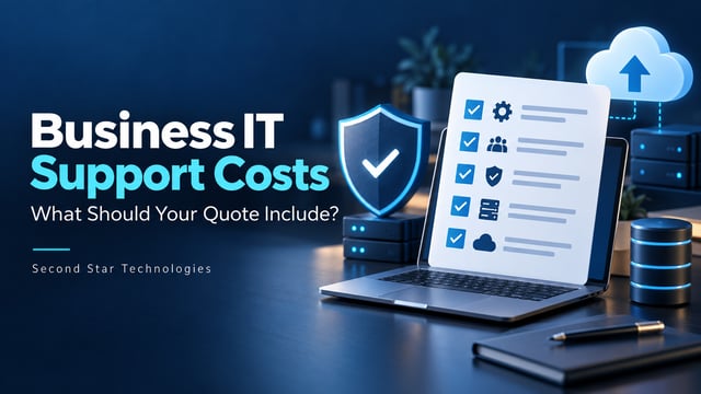 Business IT support quote checklist with a laptop, security shield, and cloud backup symbols.