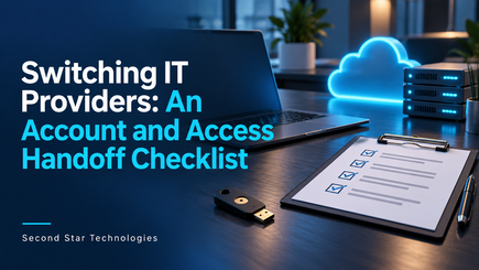 Business account handoff checklist beside a laptop and security key, with cloud and server symbols.