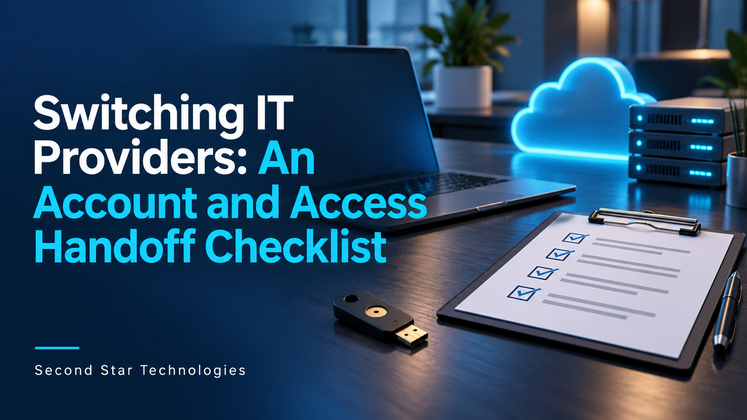 Business account handoff checklist beside a laptop and security key, with cloud and server symbols.